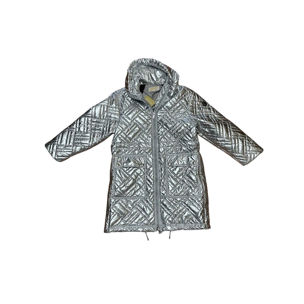 Michael Kors Silver Metallic Quilted Hooded Coat Jacket Small NWT Ciré Puffer - Picture 4 of 15